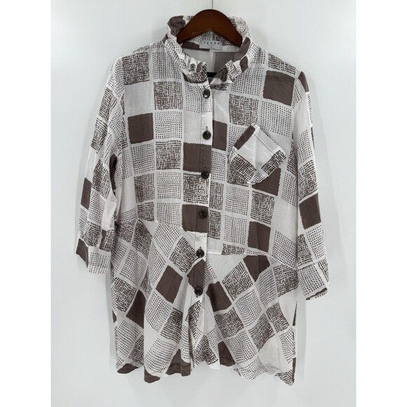 Terra SJ Apparel Tan & White Print Wired Collar Button Front Tunic Size MEDIUM - Picture 5 of 9
